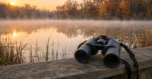 Binoculars resting on a fence rail beside a misty lake at sunrise in autumn