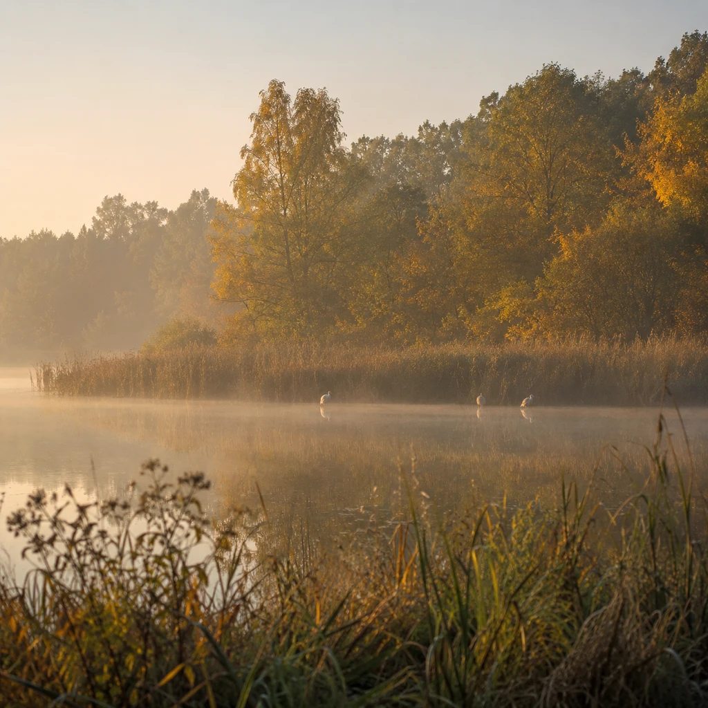 A quiet reed fringed lake at dawn with distant wading birds and autumn colour