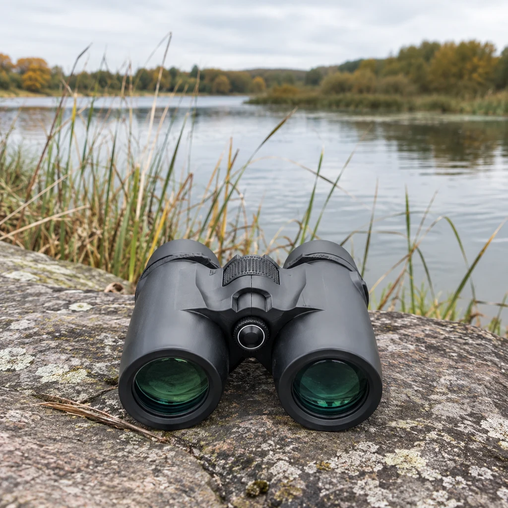 Gosky 8x42 binoculars resting on a flat rock beside a reed fringed lake shore