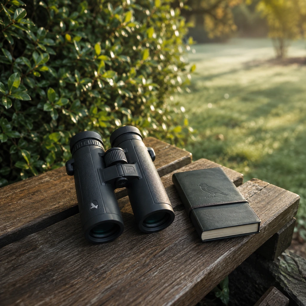 Birdwatching for beginners: binoculars and a notebook on a garden bench at dawn