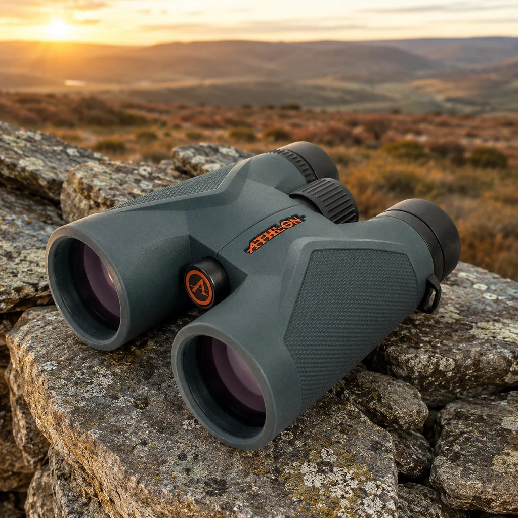 Athlon Midas UHD 8x42 binoculars on a dry stone wall on heathland at golden hour