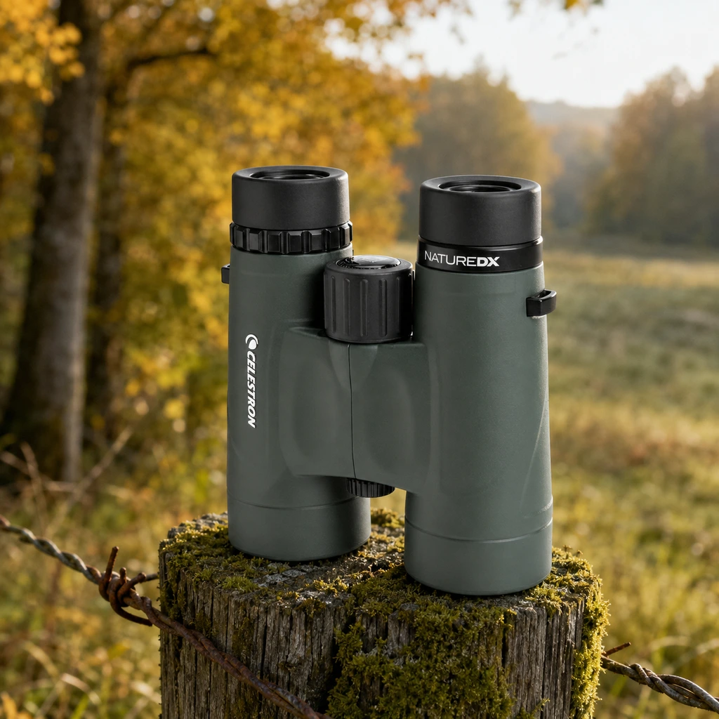 Celestron Nature DX 8x42 binoculars on a mossy fence post in a woodland clearing