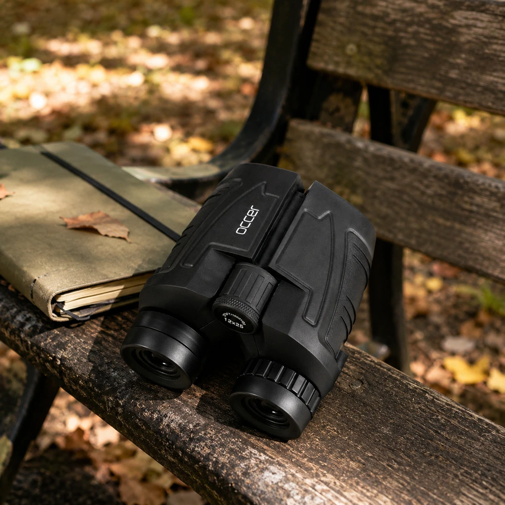 Occer 12x25 compact binoculars on a park bench arm beside a pocket notebook