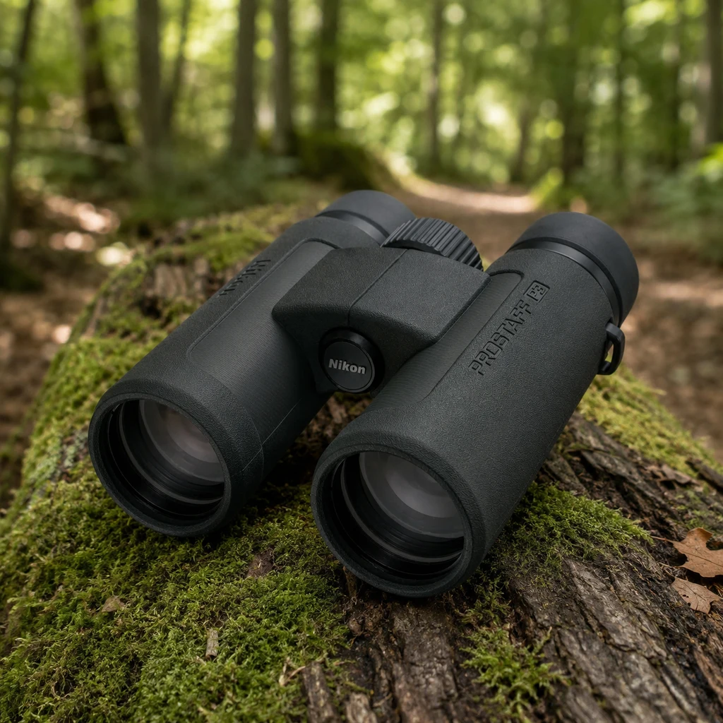 Nikon PROSTAFF P3 8x42 binoculars resting on a mossy log on a woodland path