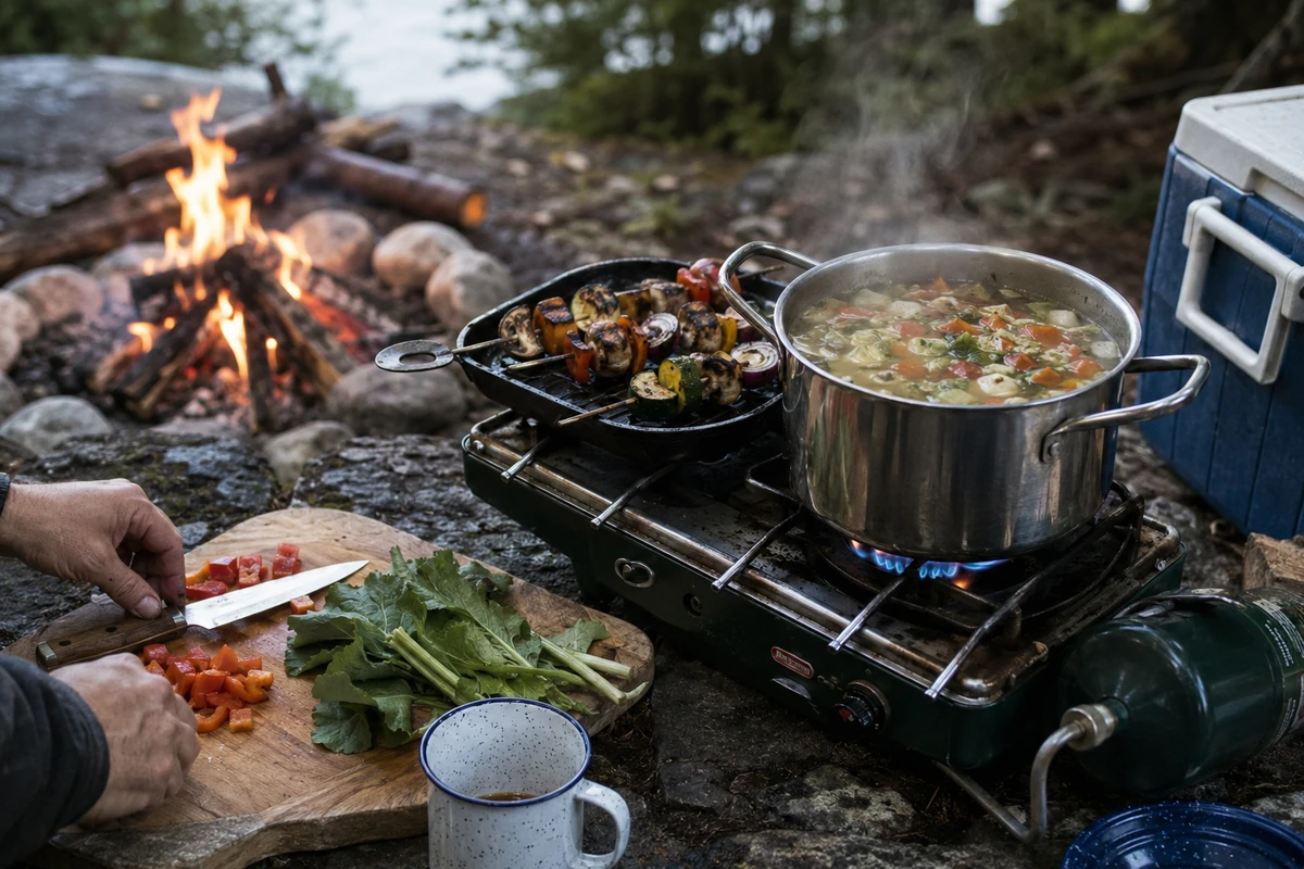 Camp cooking with a pot of soup on a propane stove beside vegetable skewers and a campfire