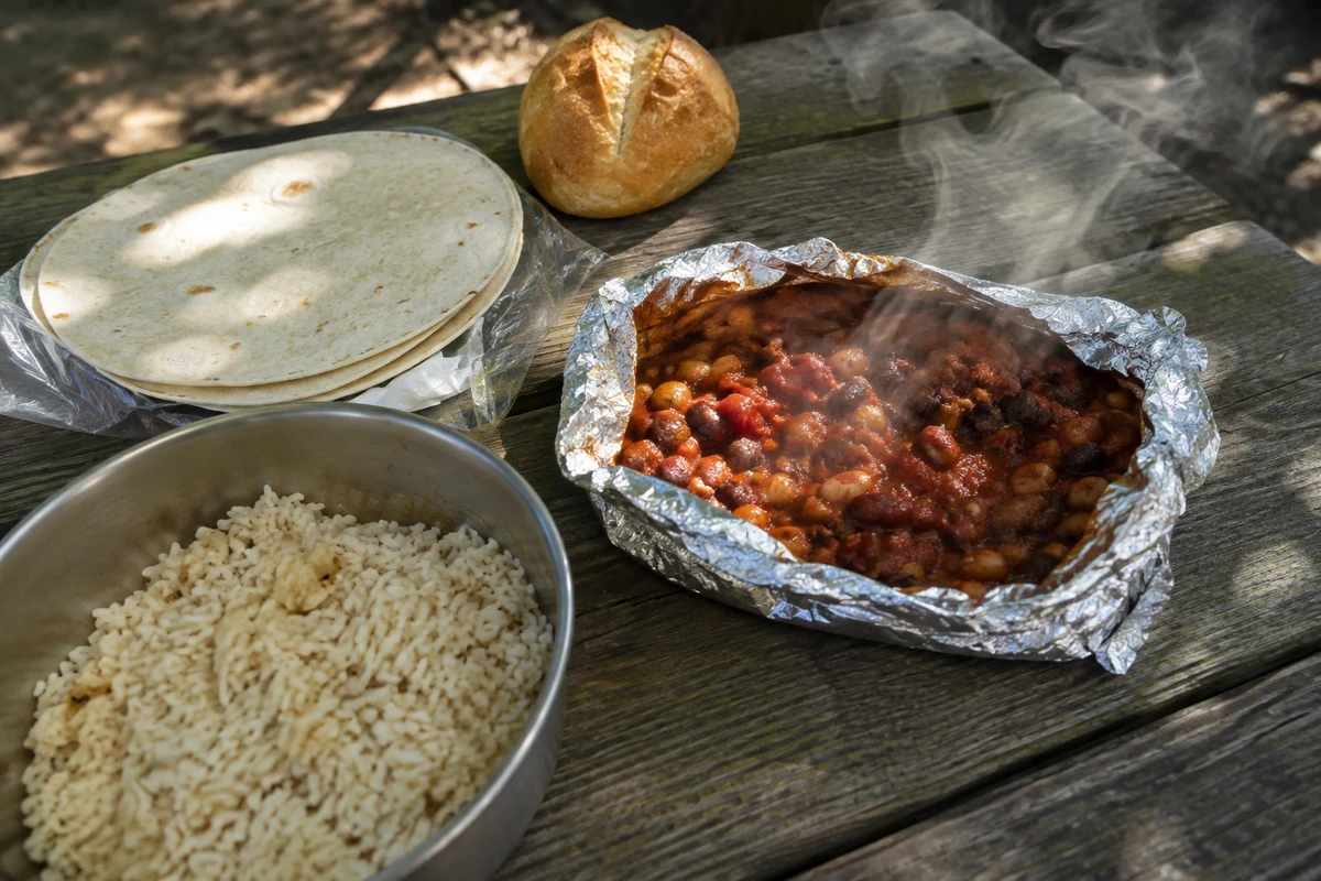 Simple camp meal of foil packet stew, tortillas, bread and rice on a picnic table