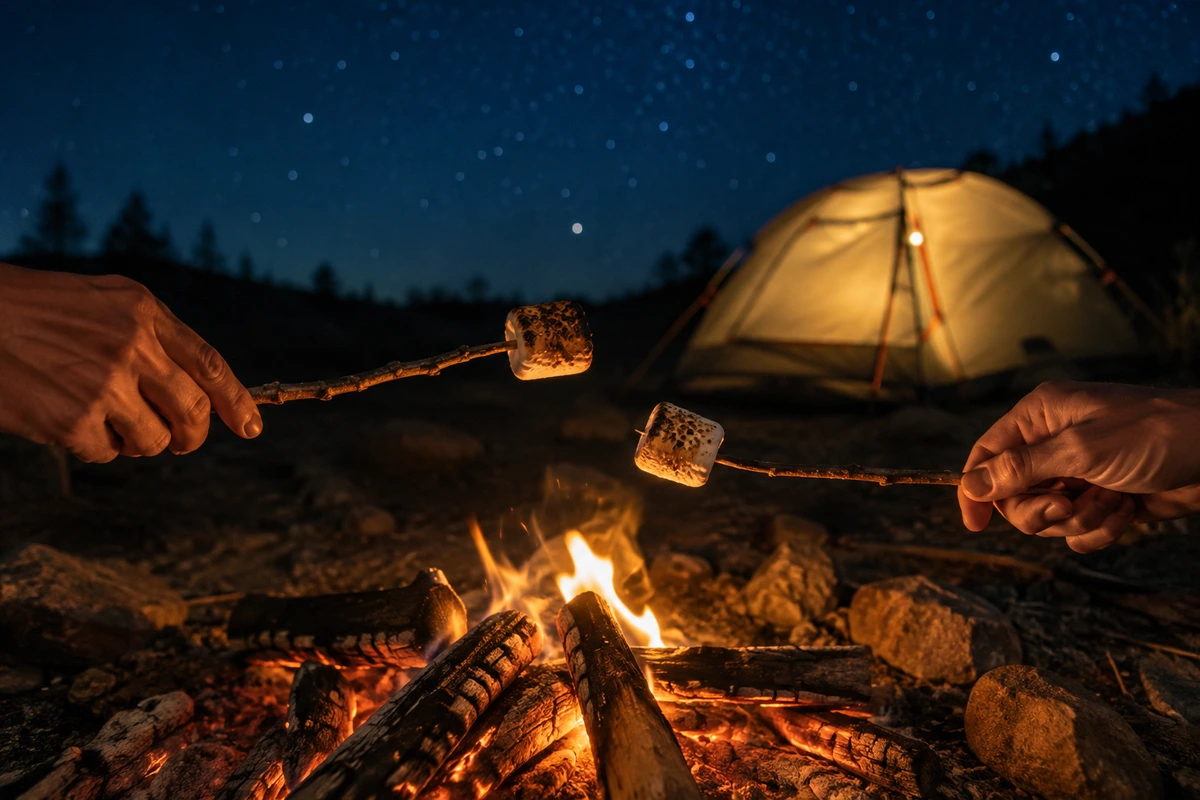 Hands roasting marshmallows over a campfire beside a glowing tent at night