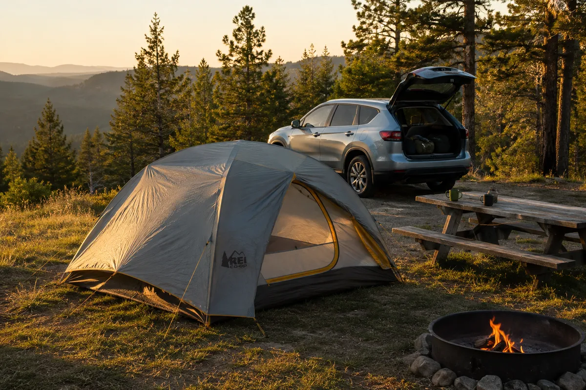 Campsite at sunset with a tent, SUV, picnic table and campfire in a mountain clearing