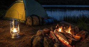 Camping for beginners setup with a lantern, campfire and tent beside a lake at dusk