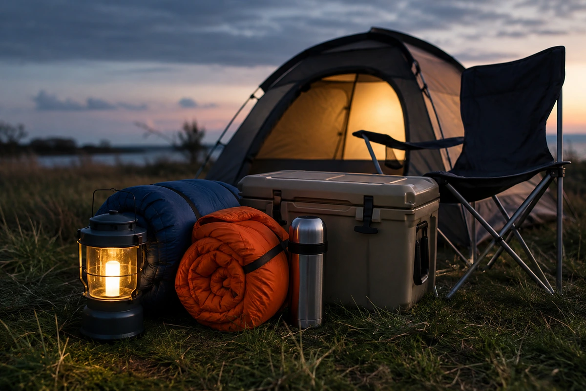 Camping for beginners gear laid out beside a lit tent including a lantern, sleeping bags and a cooler