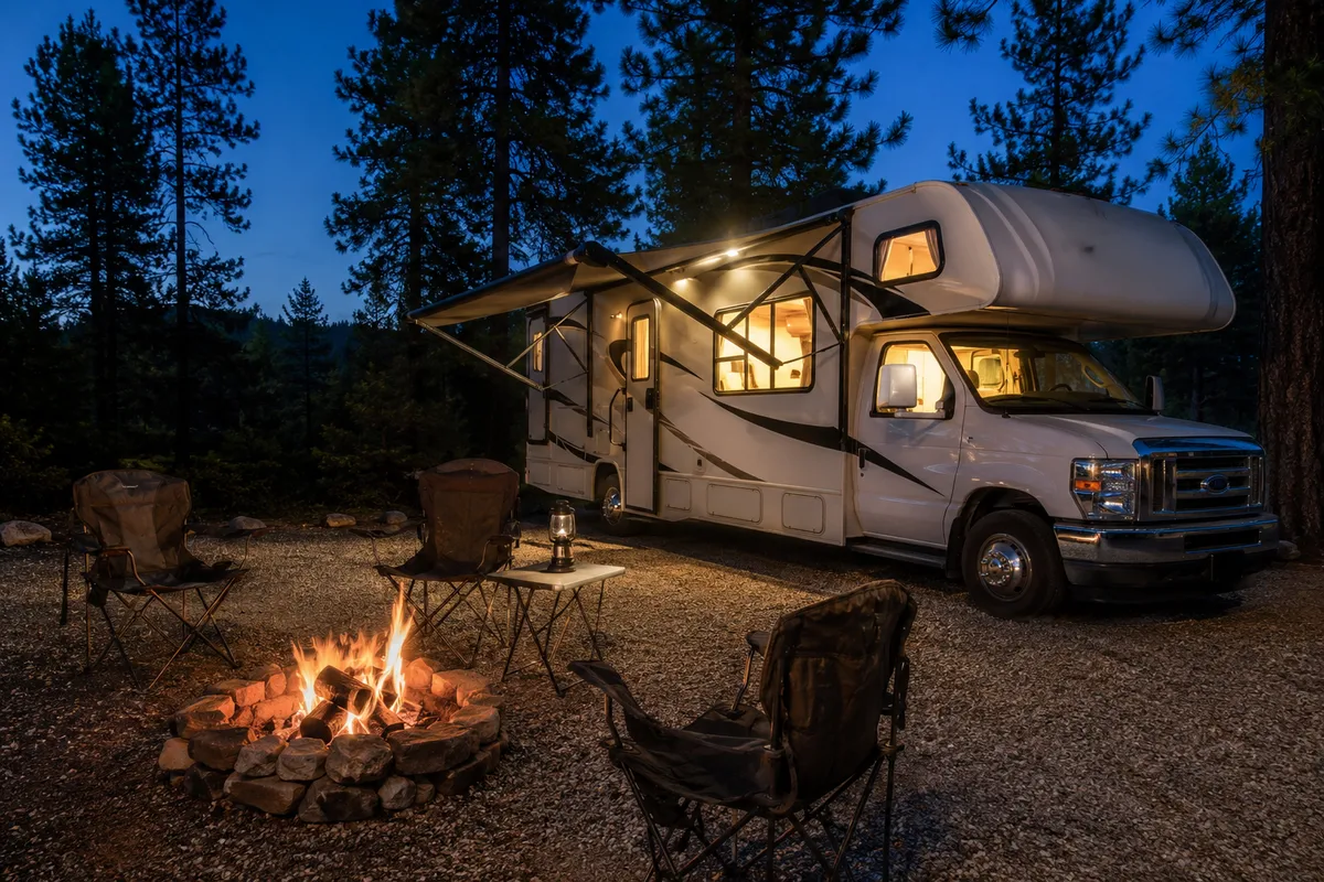 Motorhome at a forest campsite at dusk with camp chairs around a fire ring