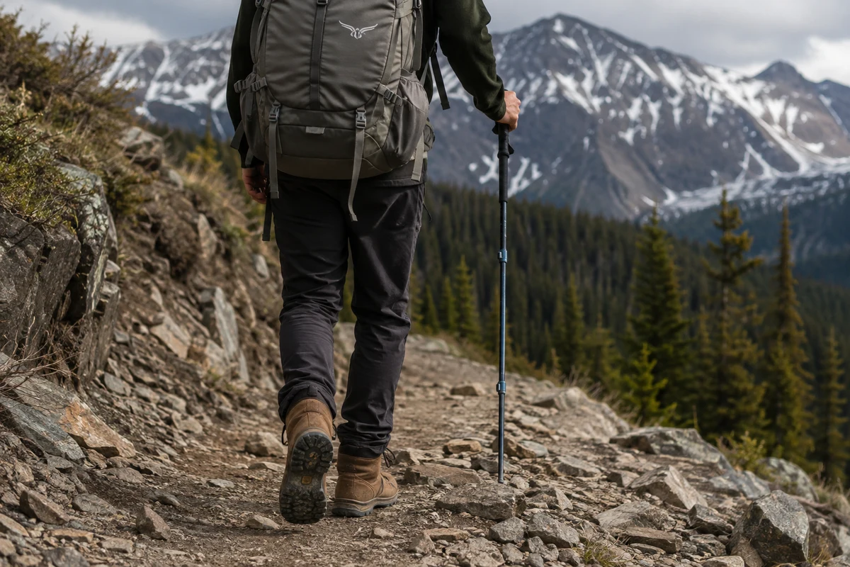 Hiker with a backpack and trekking pole on a rocky mountain trail