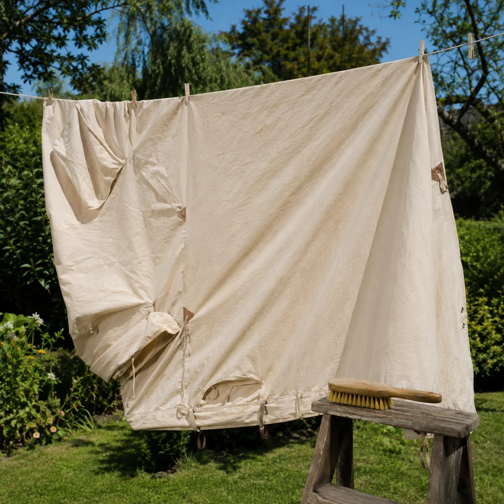 Cotton canvas tent panel drying over a washing line in a sunny garden