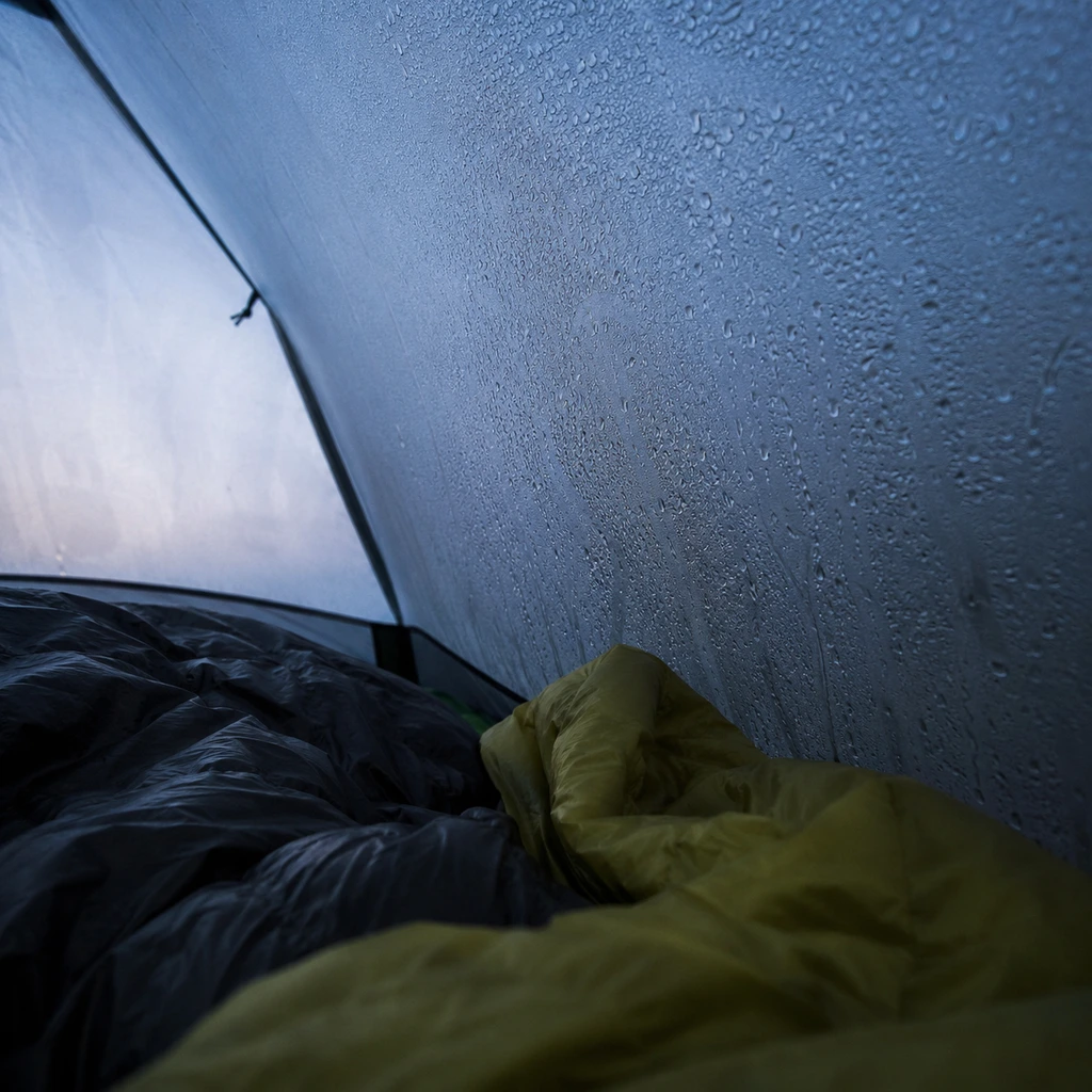 Condensation beaded across the inner wall of a nylon tent on a cold morning