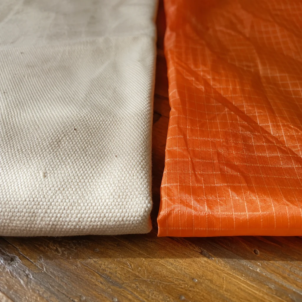 Canvas tent vs nylon tent: a cotton canvas swatch beside a ripstop nylon swatch
