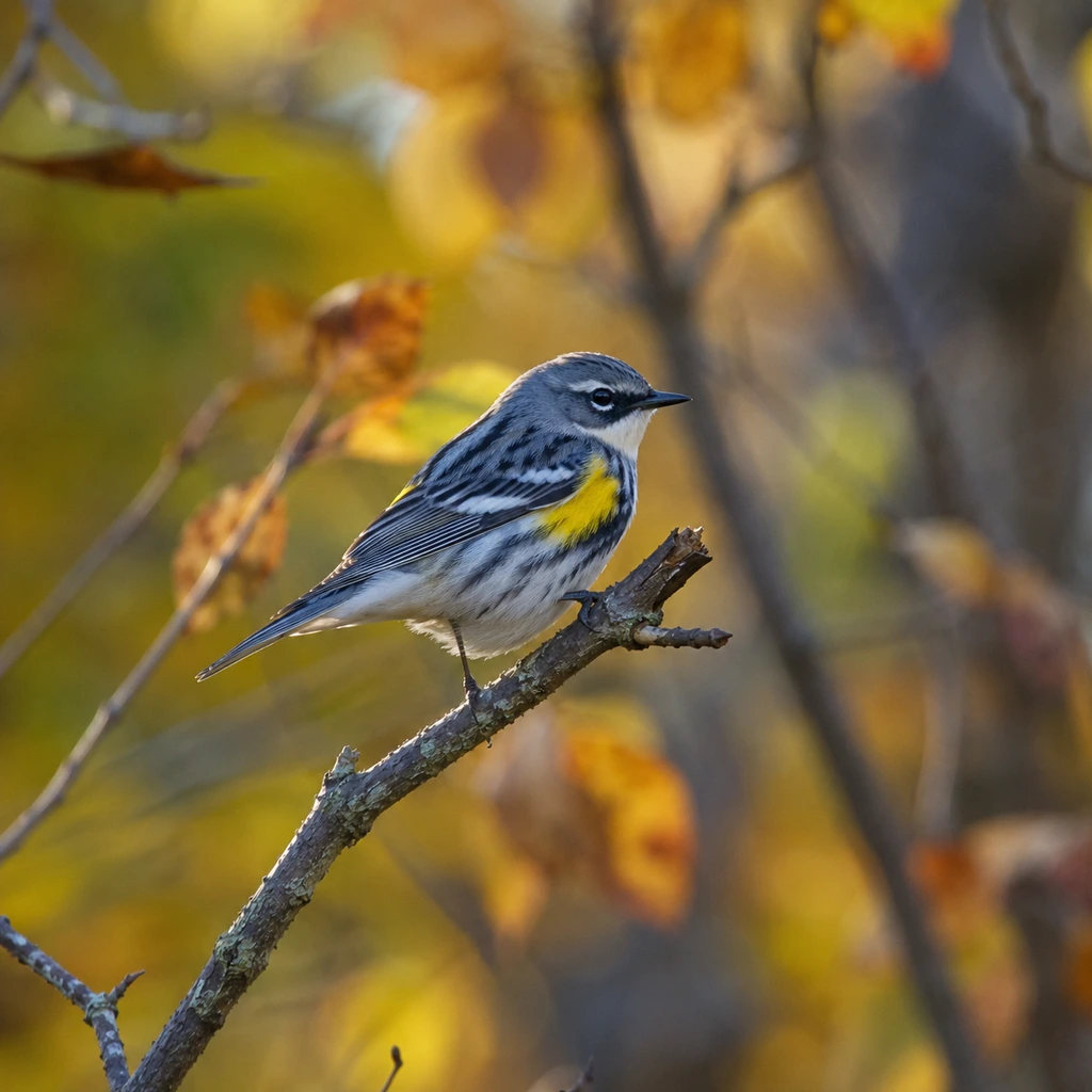 Fall bird migration: a warbler resting on a bare branch at an autumn wood edge