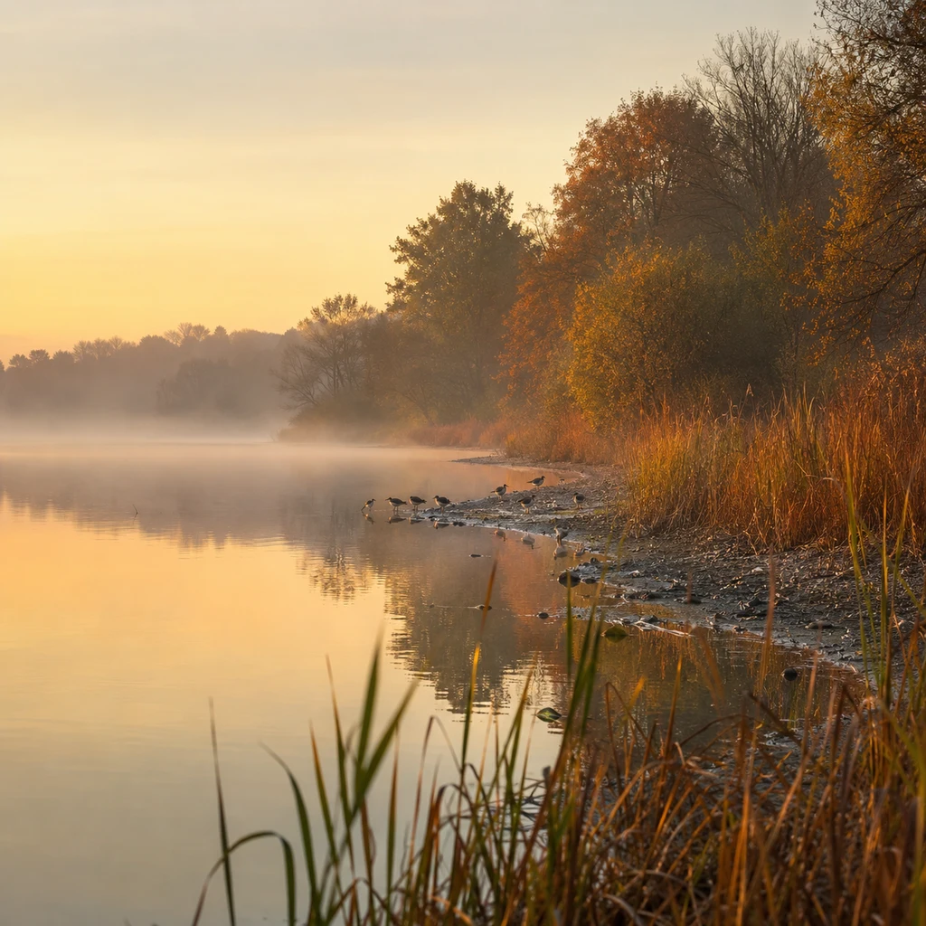 Misty reservoir shoreline at dawn in autumn with small waders among the reeds