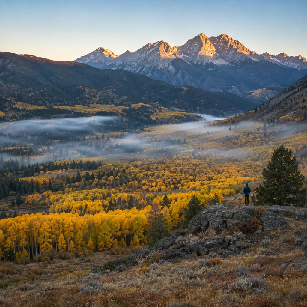 Mountain overlook with golden aspen groves and granite peaks at sunrise