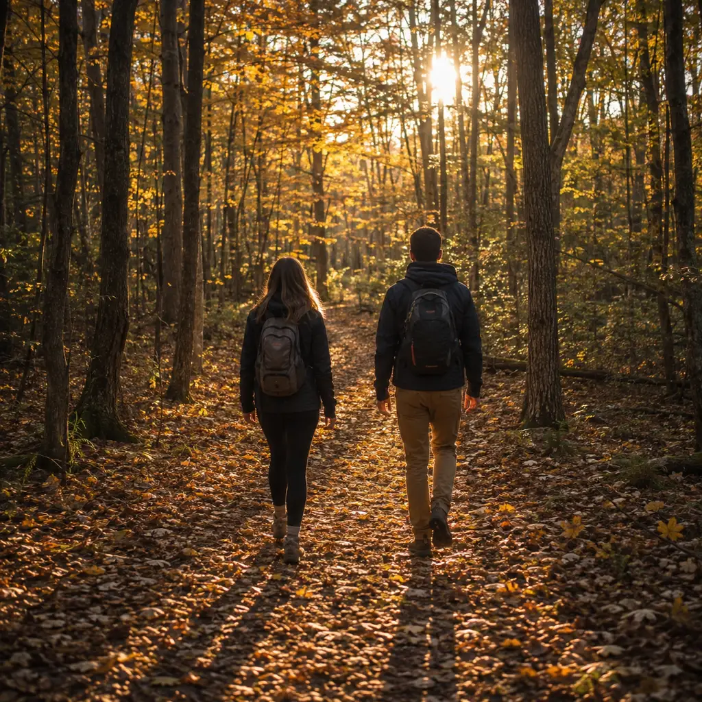 Two hikers walking a leaf covered trail in late afternoon autumn light