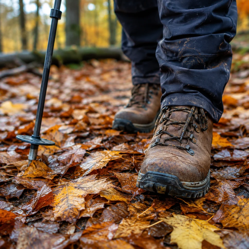 Hiking boots on a fall hiking trail covered in wet maple leaves