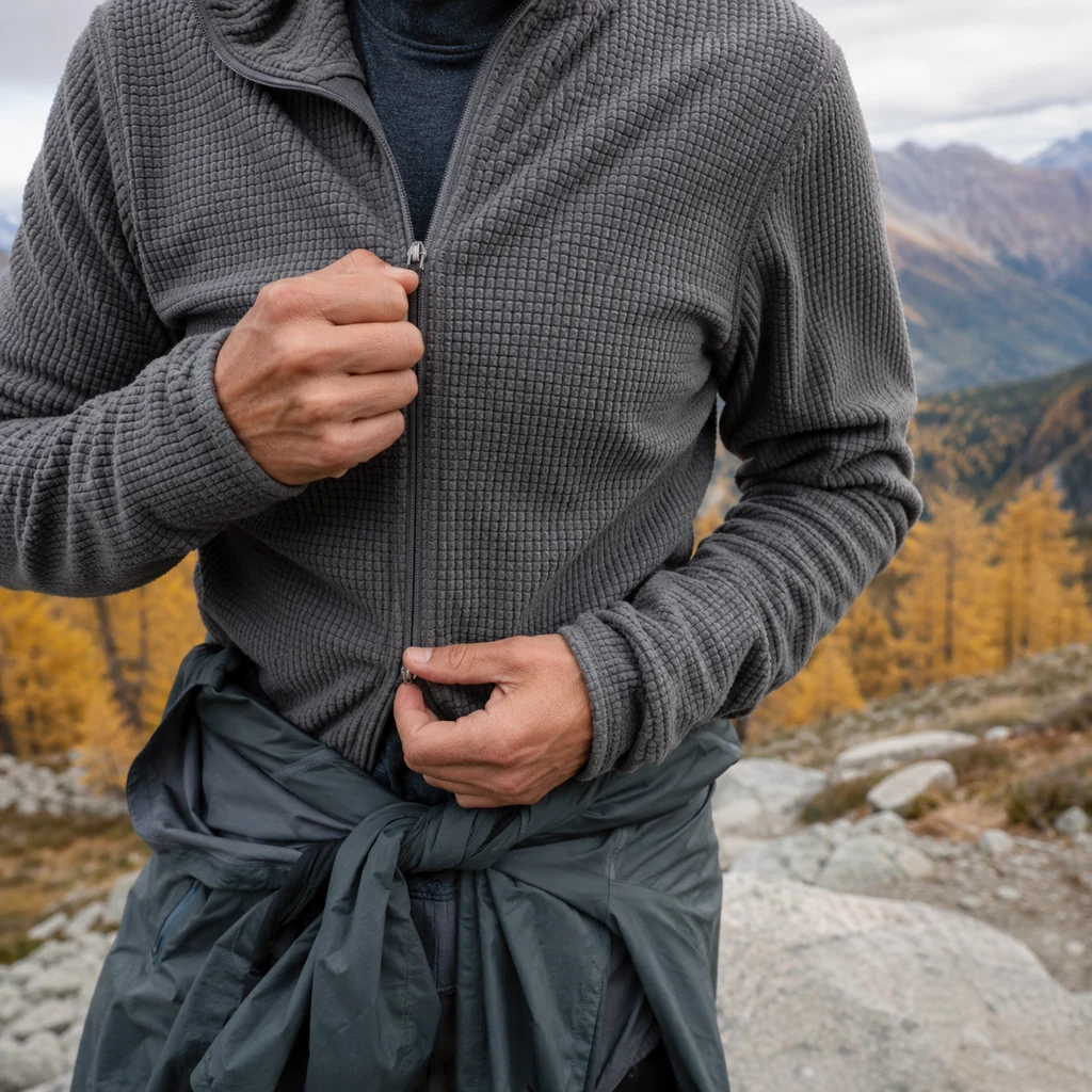 Hiker zipping a fleece layer at a windy autumn mountain overlook
