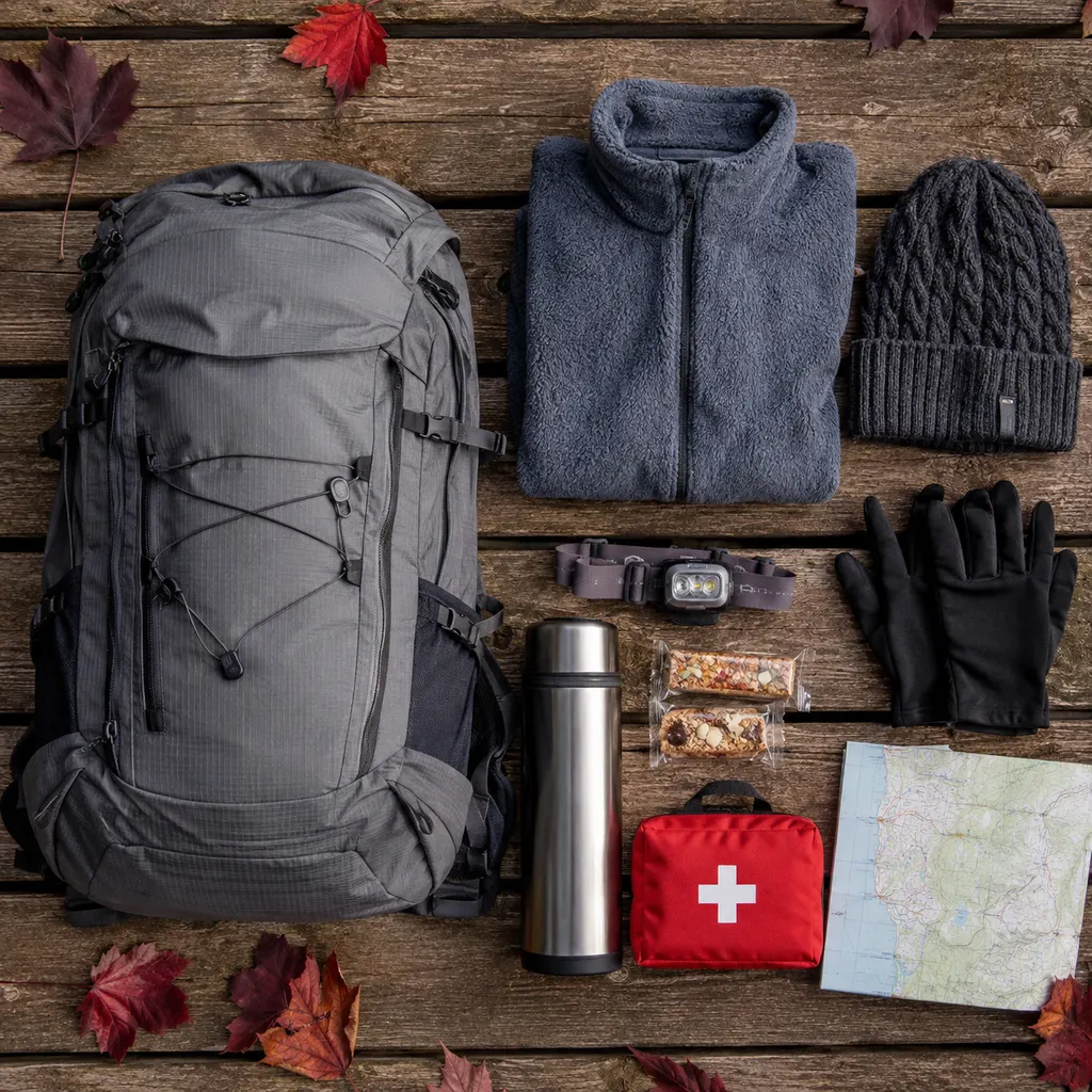 Flat lay of autumn day hike gear with daypack, fleece, flask and headlamp