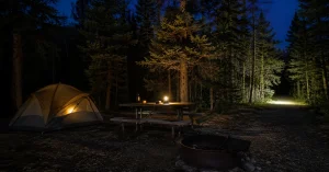 Campsite at dusk showing dim tent light, table light and a bright beam down a path