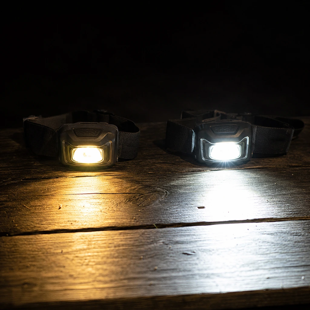 Two headlamps side by side, one dim and warm and one throwing a bright cool beam