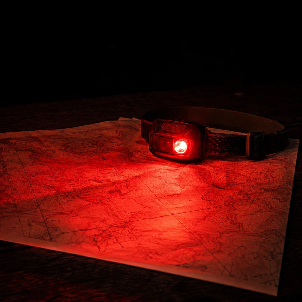 Headlamp in red mode resting on an open paper map on a camp table at night
