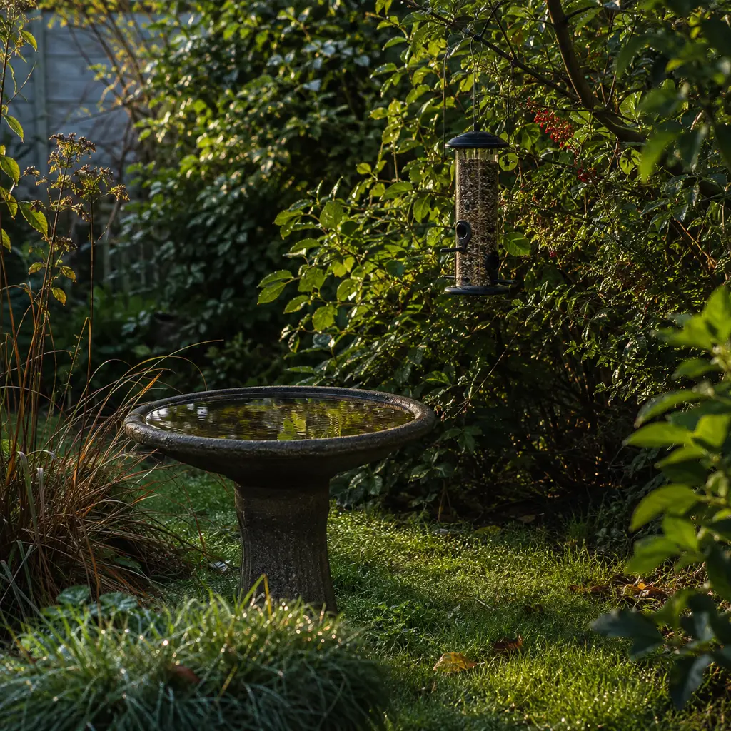 How to attract birds to your yard: bird bath, feeder and native planting together