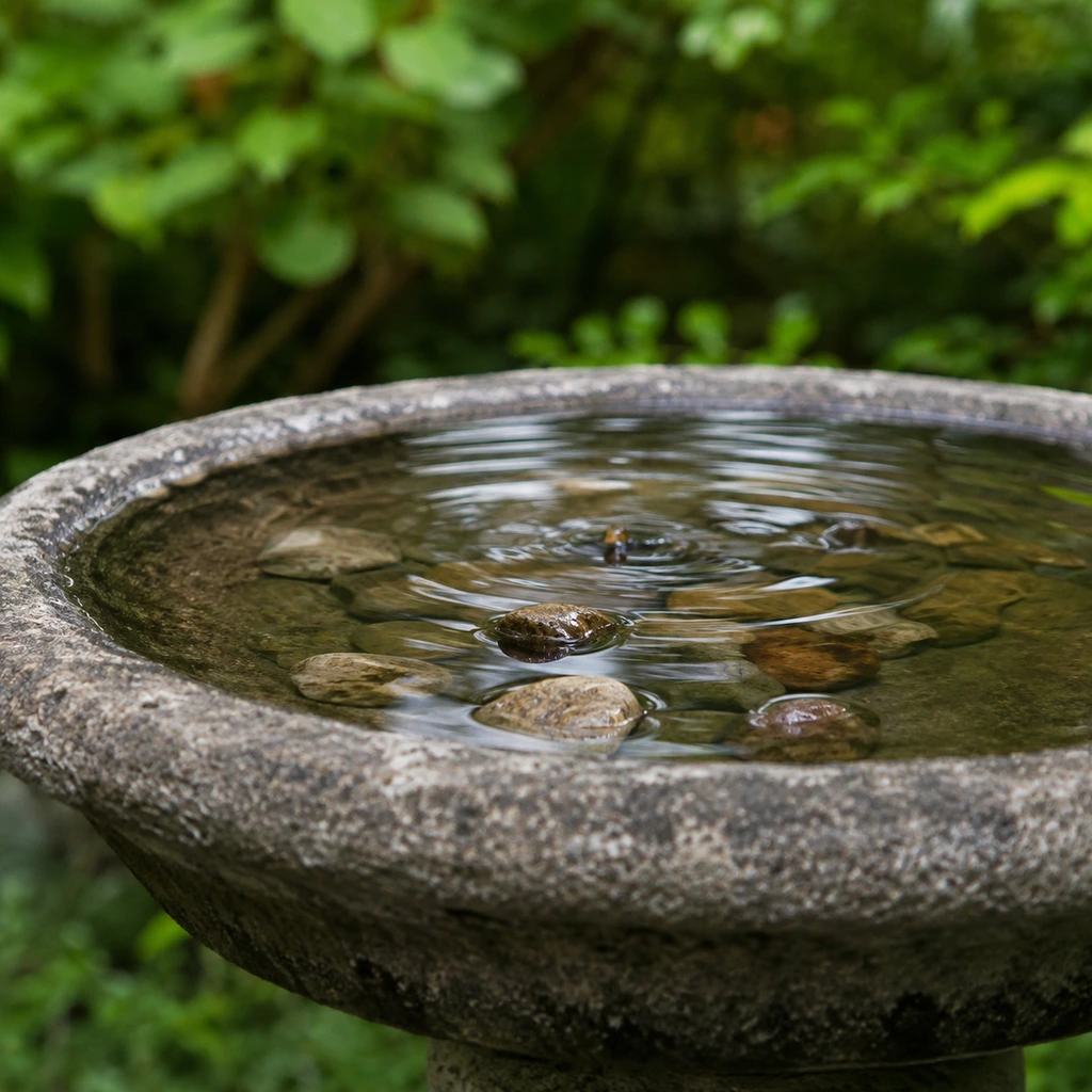 Shallow stone bird bath with pebbles breaking the surface and spreading ripples