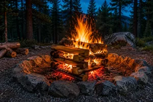 How to build a campfire, with a log cabin stack burning in a stone fire ring at dusk