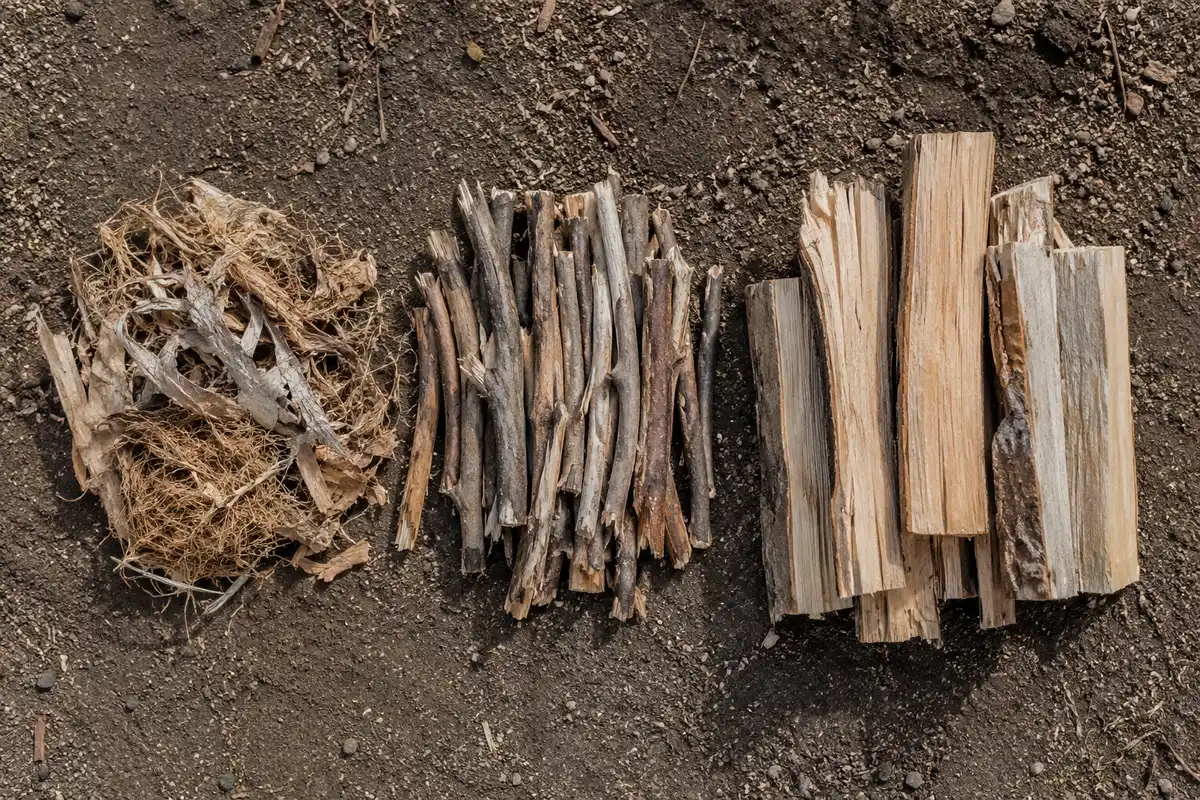 How to build a campfire starts with tinder, kindling and fuel wood in three piles