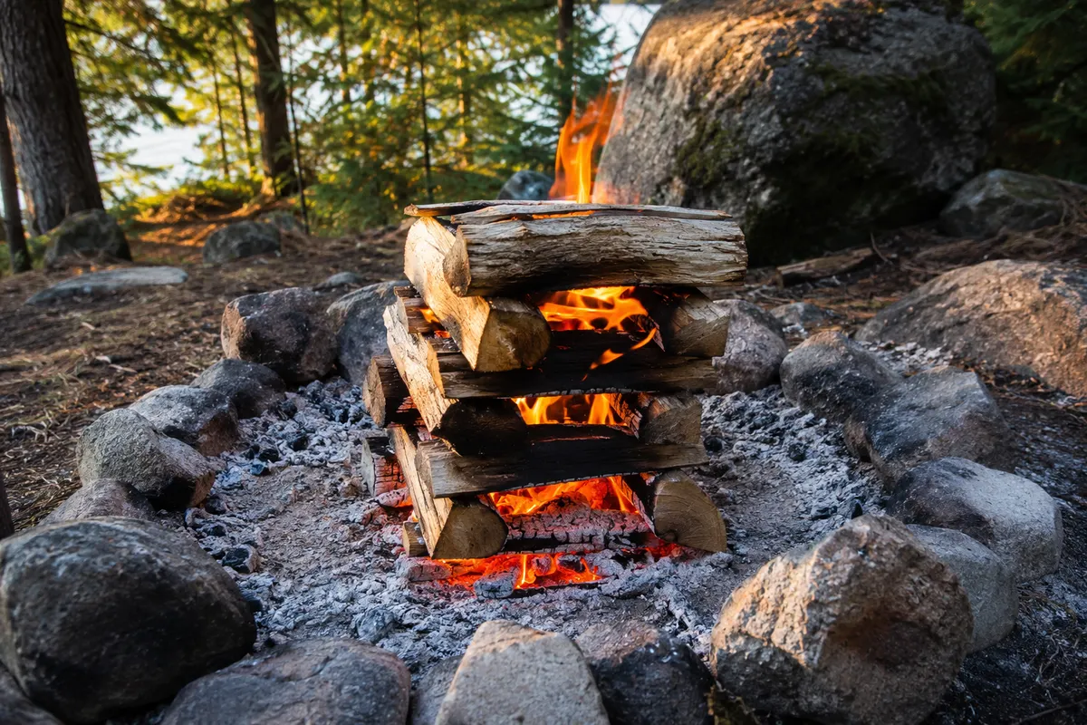 Log cabin fire lay burning evenly above a thick bed of glowing coals