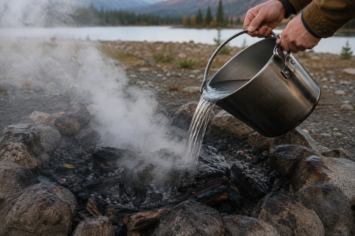 Water poured over campfire ashes in a stone ring until the fire is cold