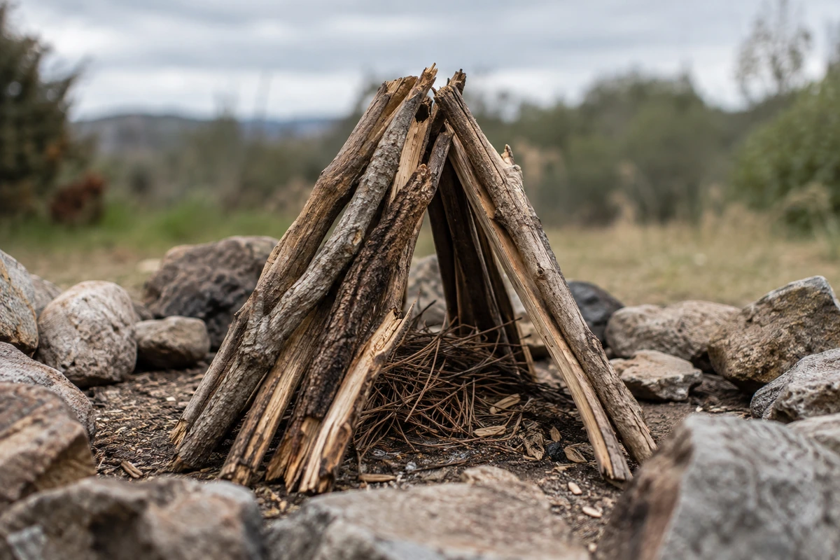 Teepee fire lay with kindling leaning into a cone over a nest of dry tinder