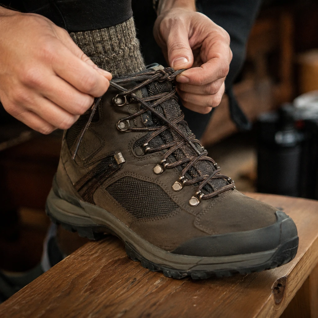 Hands lacing a mid cut hiking boot through the top eyelets over a thick merino sock