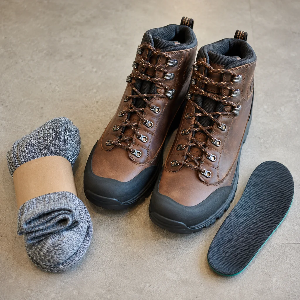 How to choose hiking boots: a new mid cut pair beside merino socks and an insole