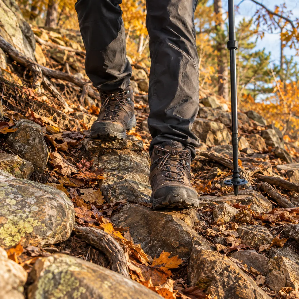 Mid cut boots planted on loose stone while descending a rocky autumn trail