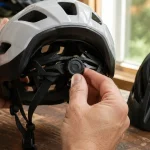 Hands adjusting the rear dial of a cycling helmet on a workbench beside a tape measure