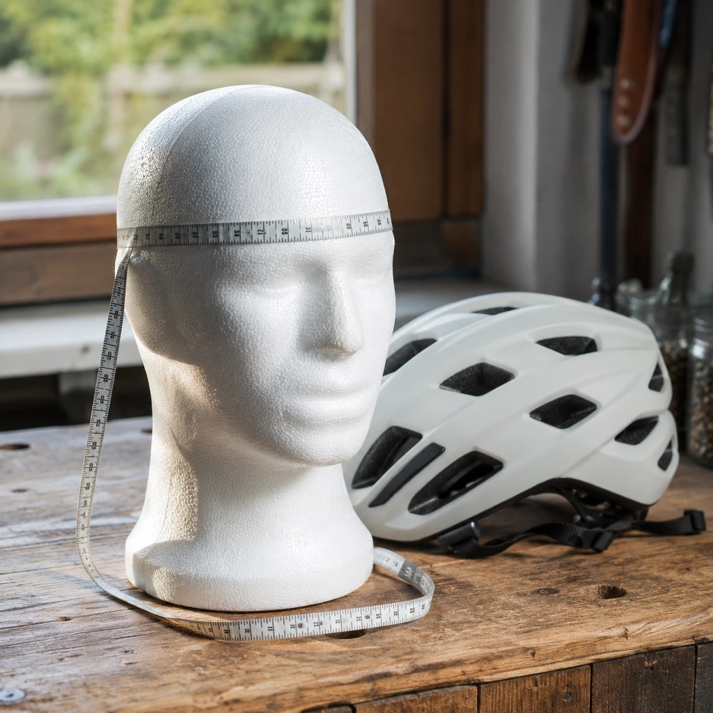 How to fit a bike helmet: a tape measure around a head form beside a cycling helmet