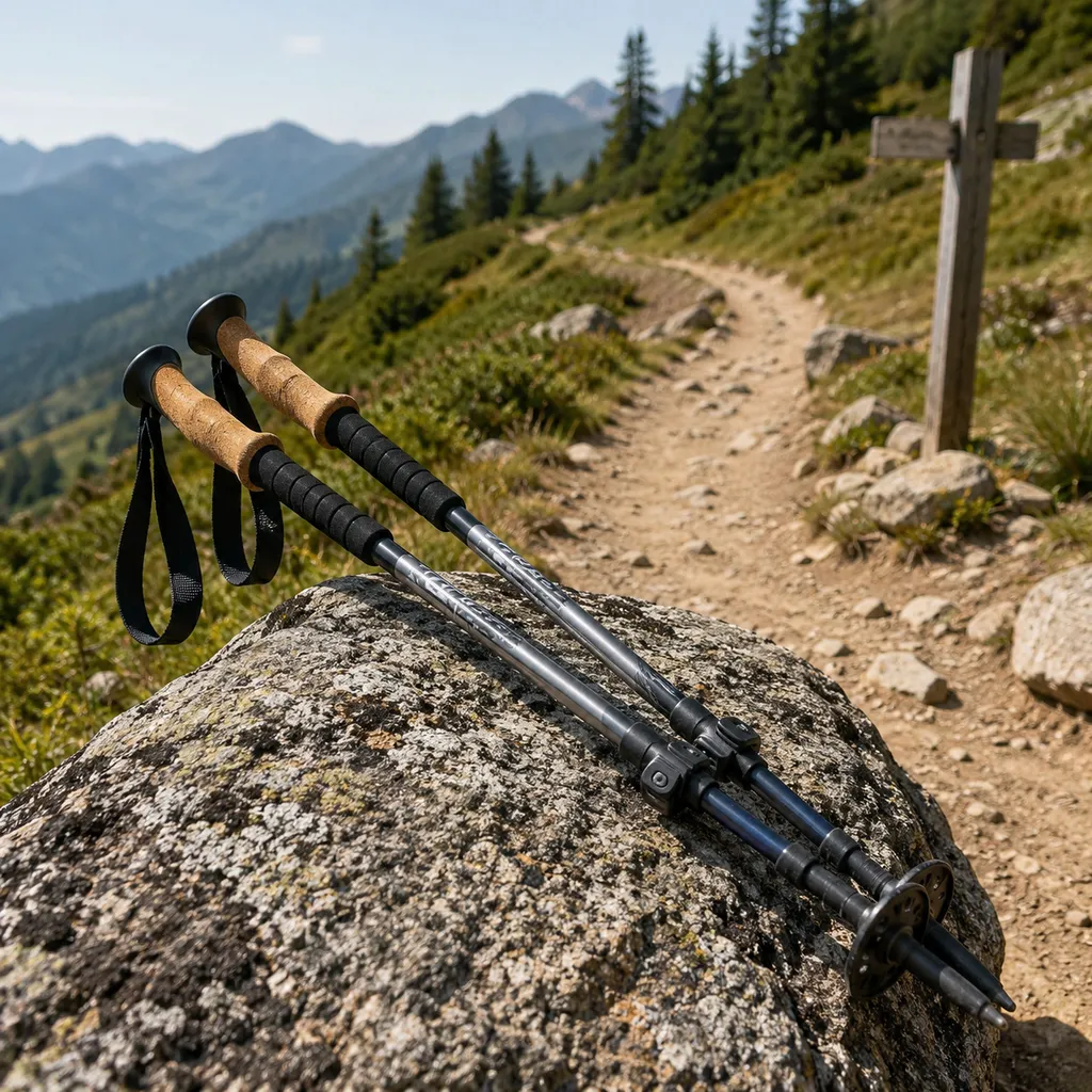 Two trekking poles crossed on a rock at a trail junction showing cork grips and straps