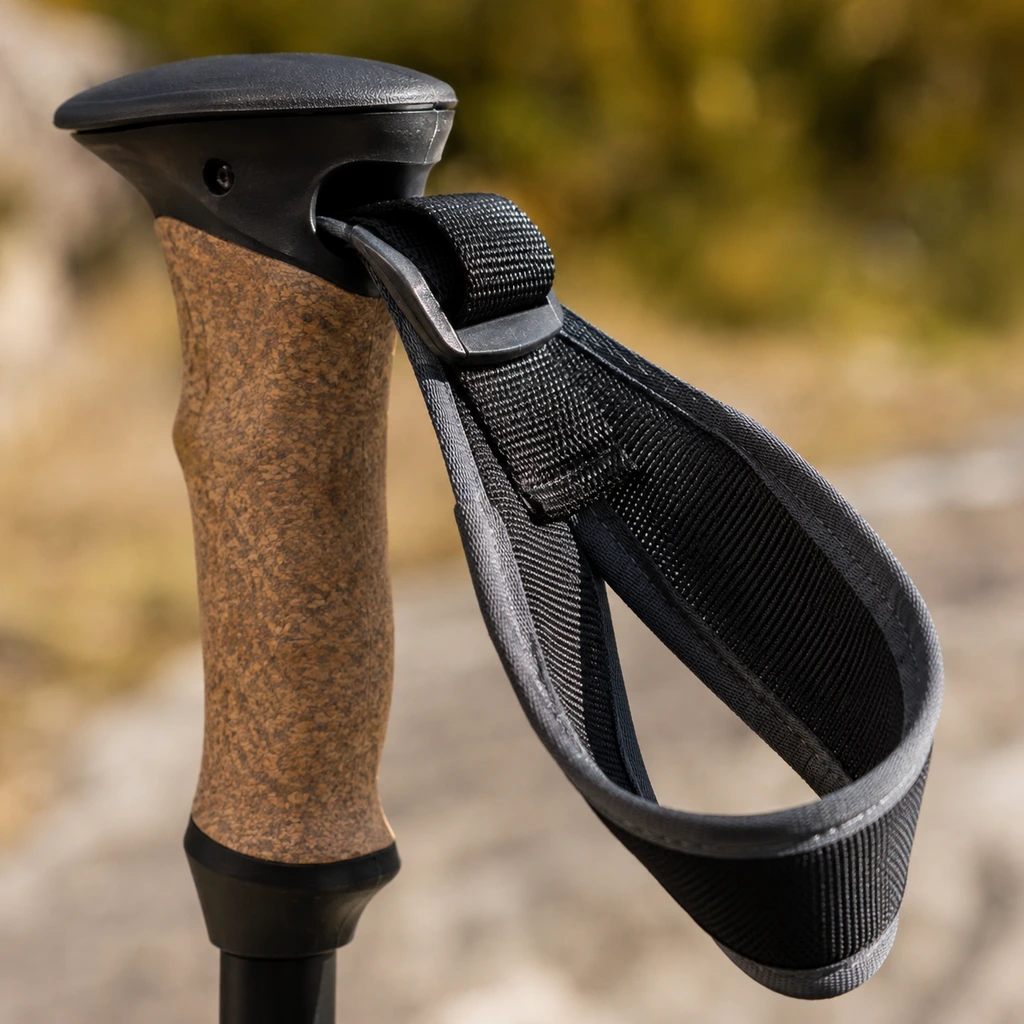 How to use trekking poles: close up of the wrist strap looped open above a cork grip