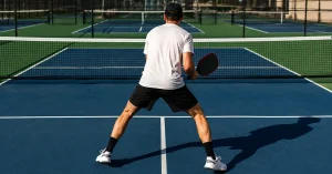 Player mid split step on an outdoor pickleball court in morning light