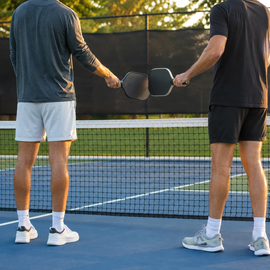 Two players tapping paddles over the net at the kitchen line