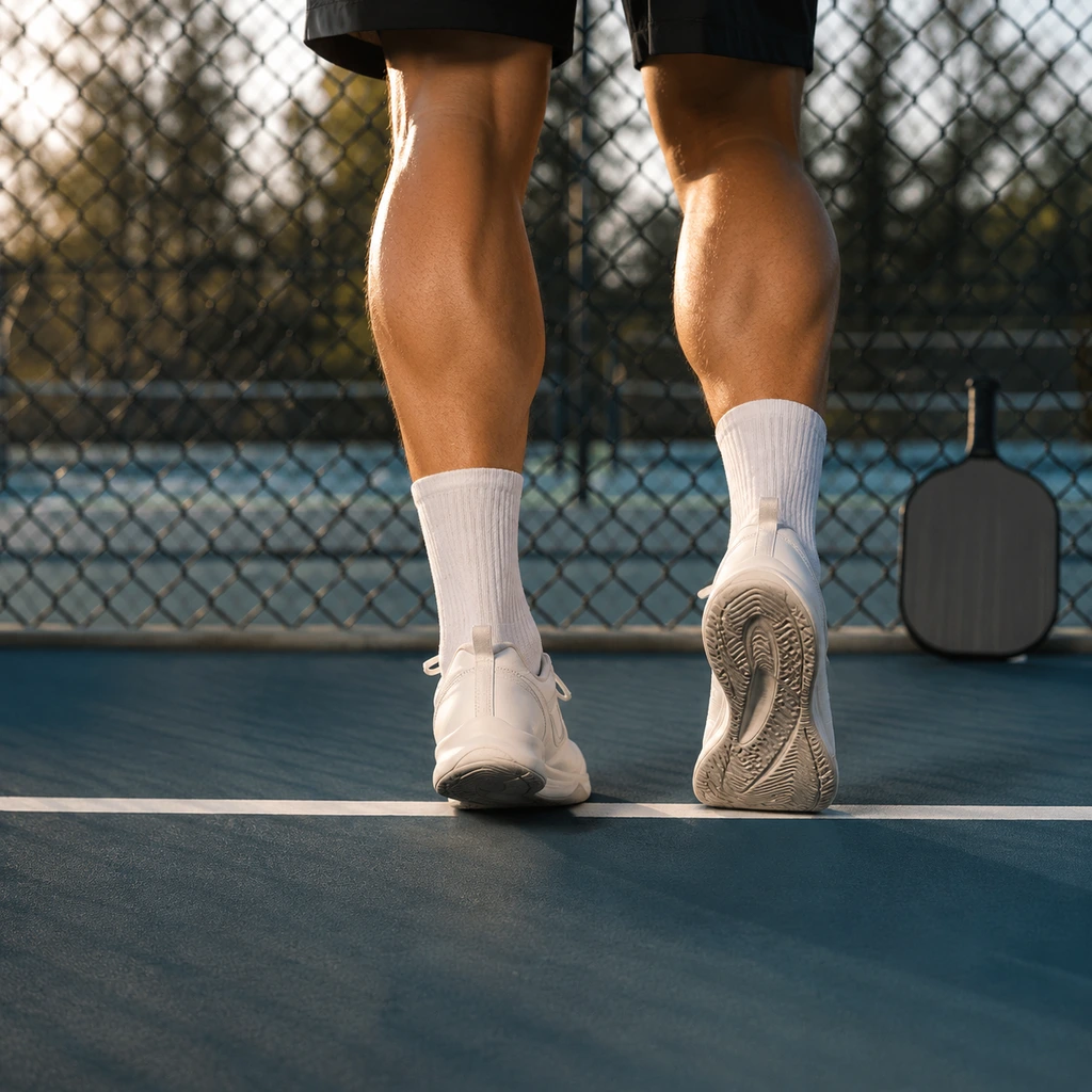 Calf raise on the baseline as part of pickleball warm up exercises