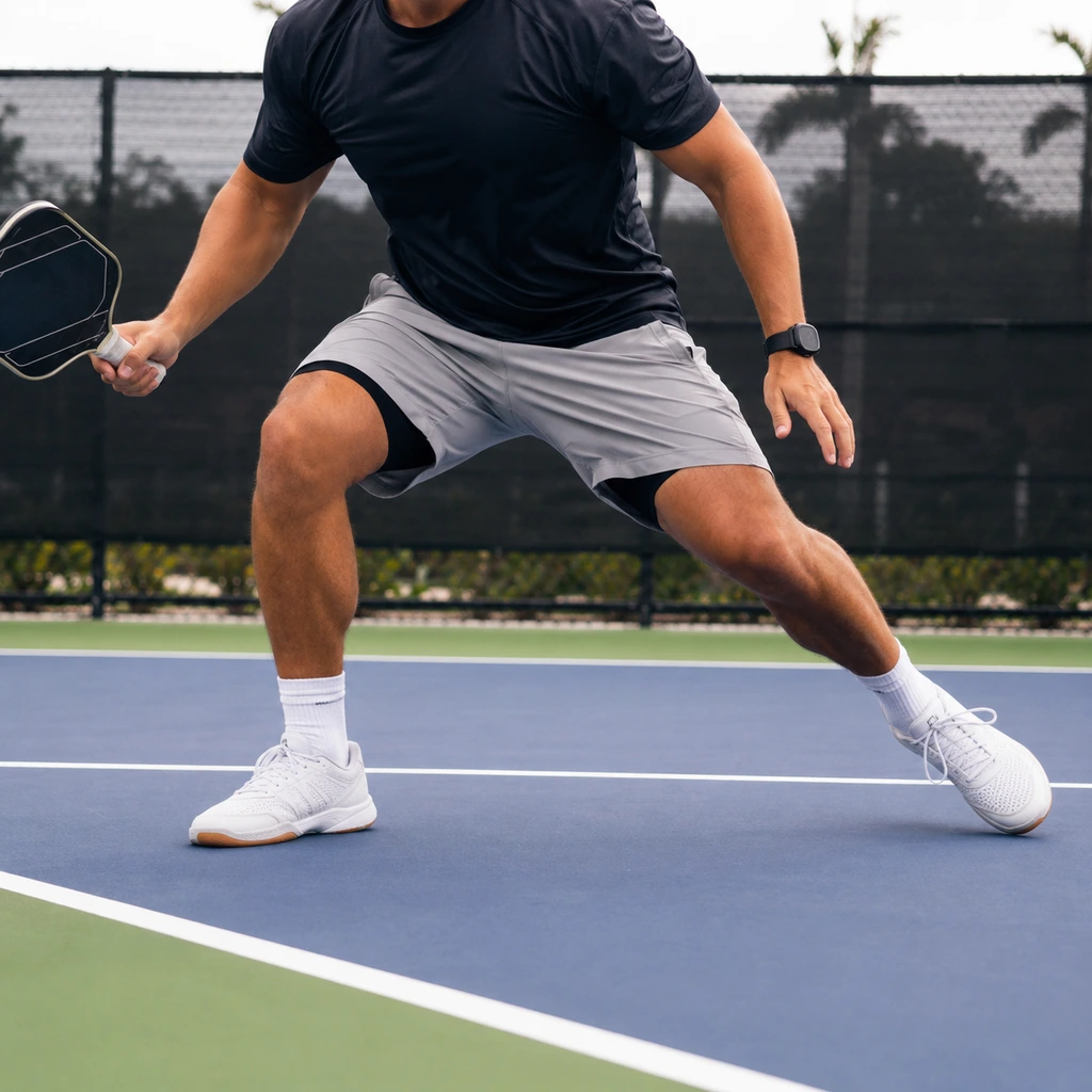 Lateral shuffle drill along the baseline of an outdoor pickleball court