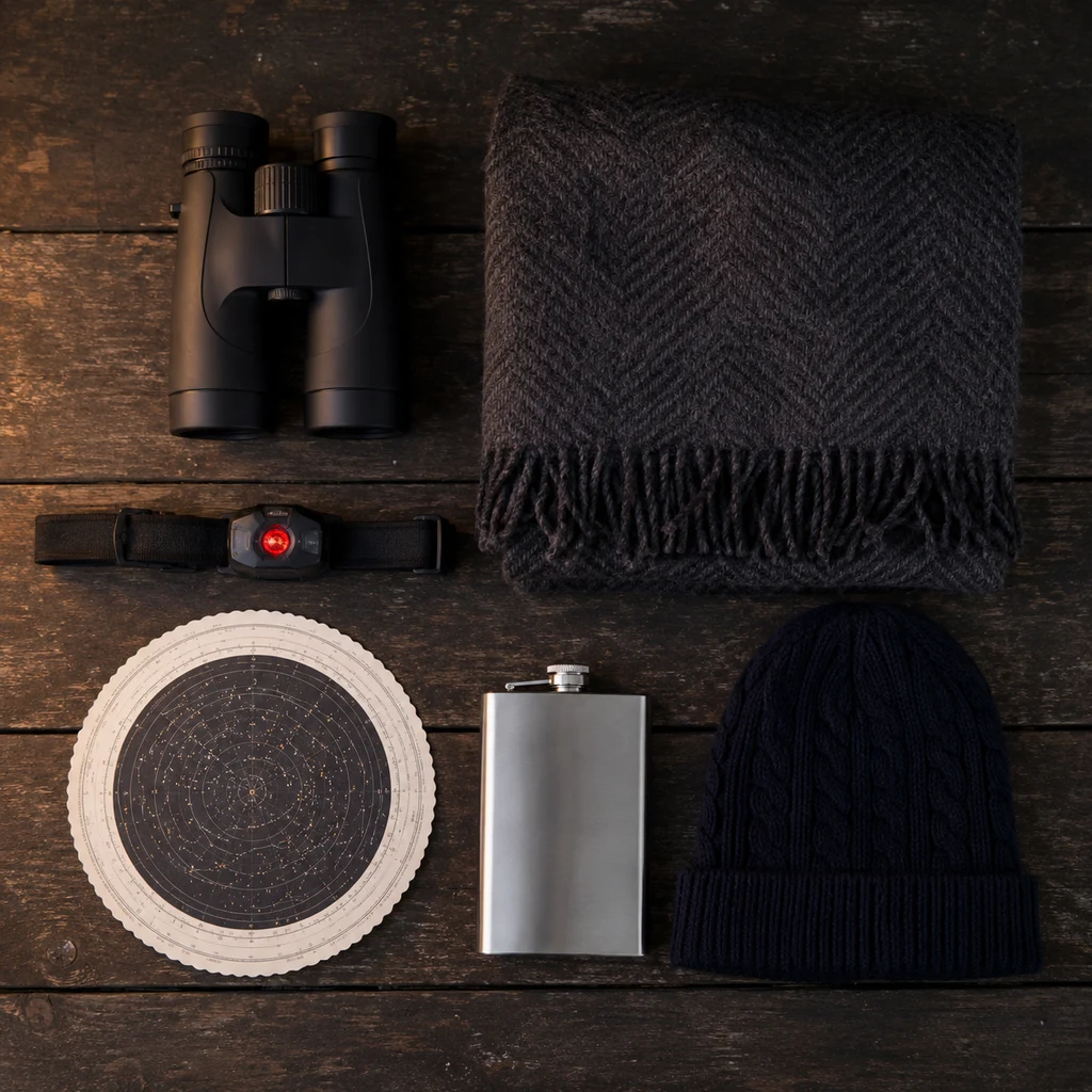 Flat lay of stargazing kit with binoculars, red head torch and a star chart