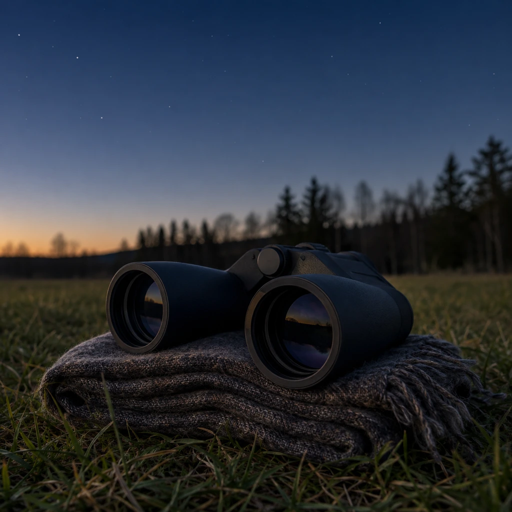 Stargazing for beginners, astronomy binoculars on a blanket under the first stars