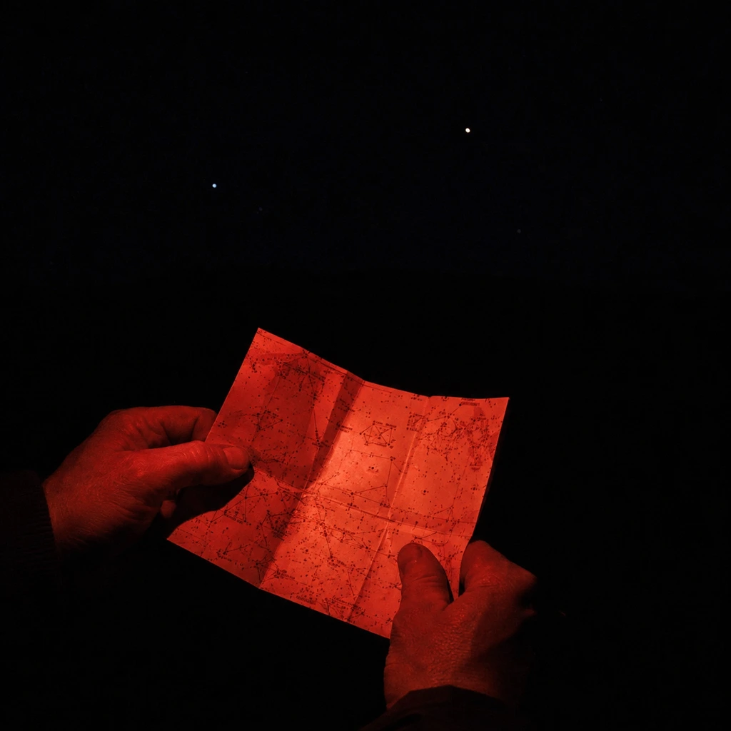 Hands reading a paper star chart by the dim red glow of a head torch